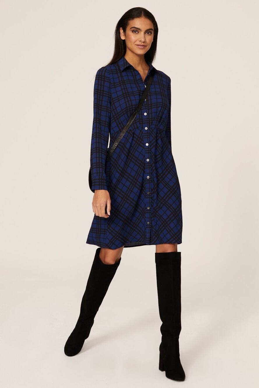 Thakoon Sz 2 Blue Plaid Print Long Sleeve Button Front A-Line Mini Shirt Dress